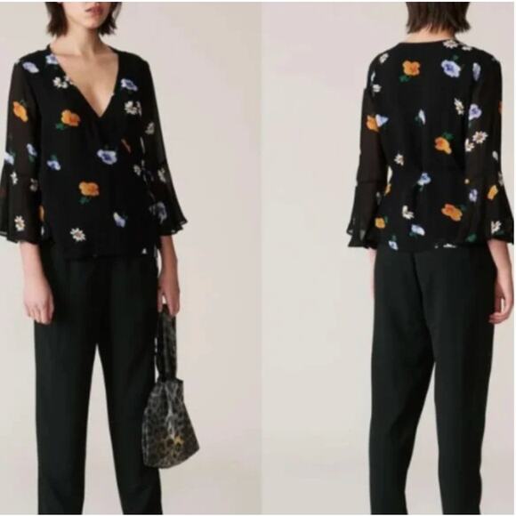GANNI Black Floral Wrap Silk Blouse - Picture 2 of 8